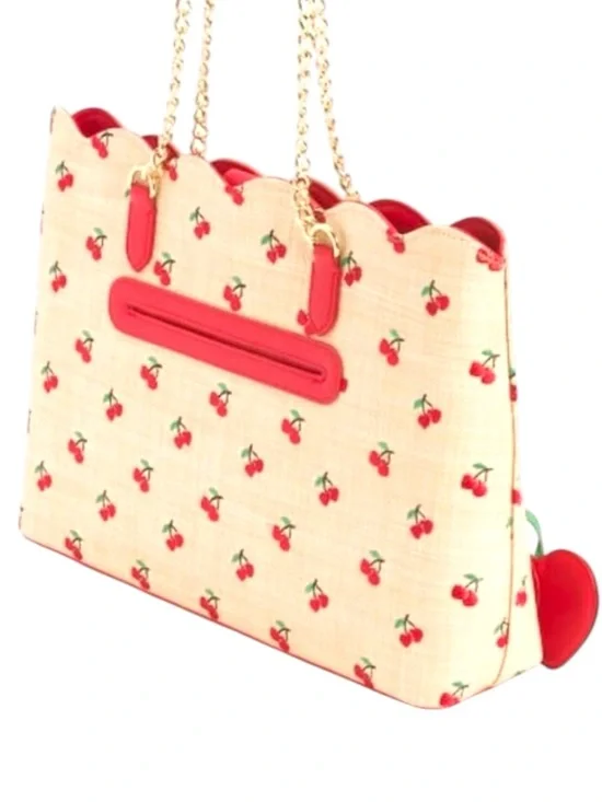 Betsey Johnson Cherry Tote Bag Scalloped Straw Red Trim Gold Chain - Picture 3 of 7